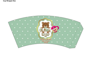 Editable Mint Green & Brown Teddy Bear Baby Shower Cup & Plate Insert Set, We Can Bearly Wait Party Supplies, Teddy Bear Baby Shower