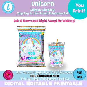 Editable Unicorn Chip Bag & Juice Pouch Set, Unicorn  Capri Sun Labels, Unicorn Chip Bag Set