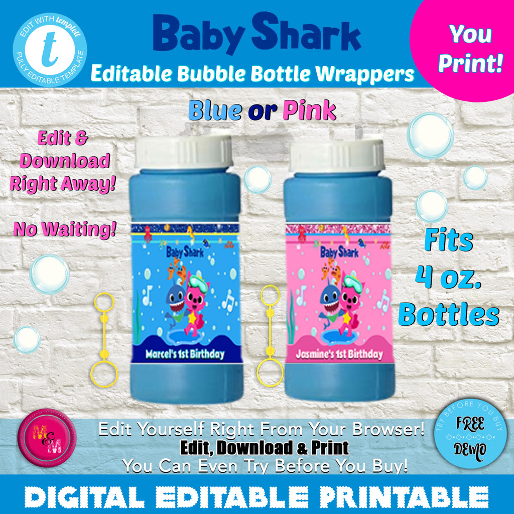 Editable Baby Shark Bubble Bottle Wrappers Printable, Baby Shark Bubble Bottle Labels, Baby Shark Birthday, 4 oz Bubble Bottle - mugandmousedesigns
