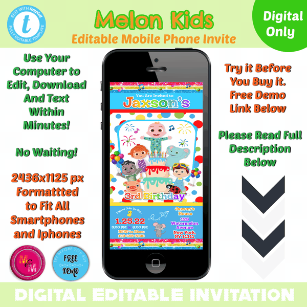 Editable Melon Kids Smartphone Invitation, Melon Kids Party Digital Invite, Melon Kids Mobile Phone Invitation