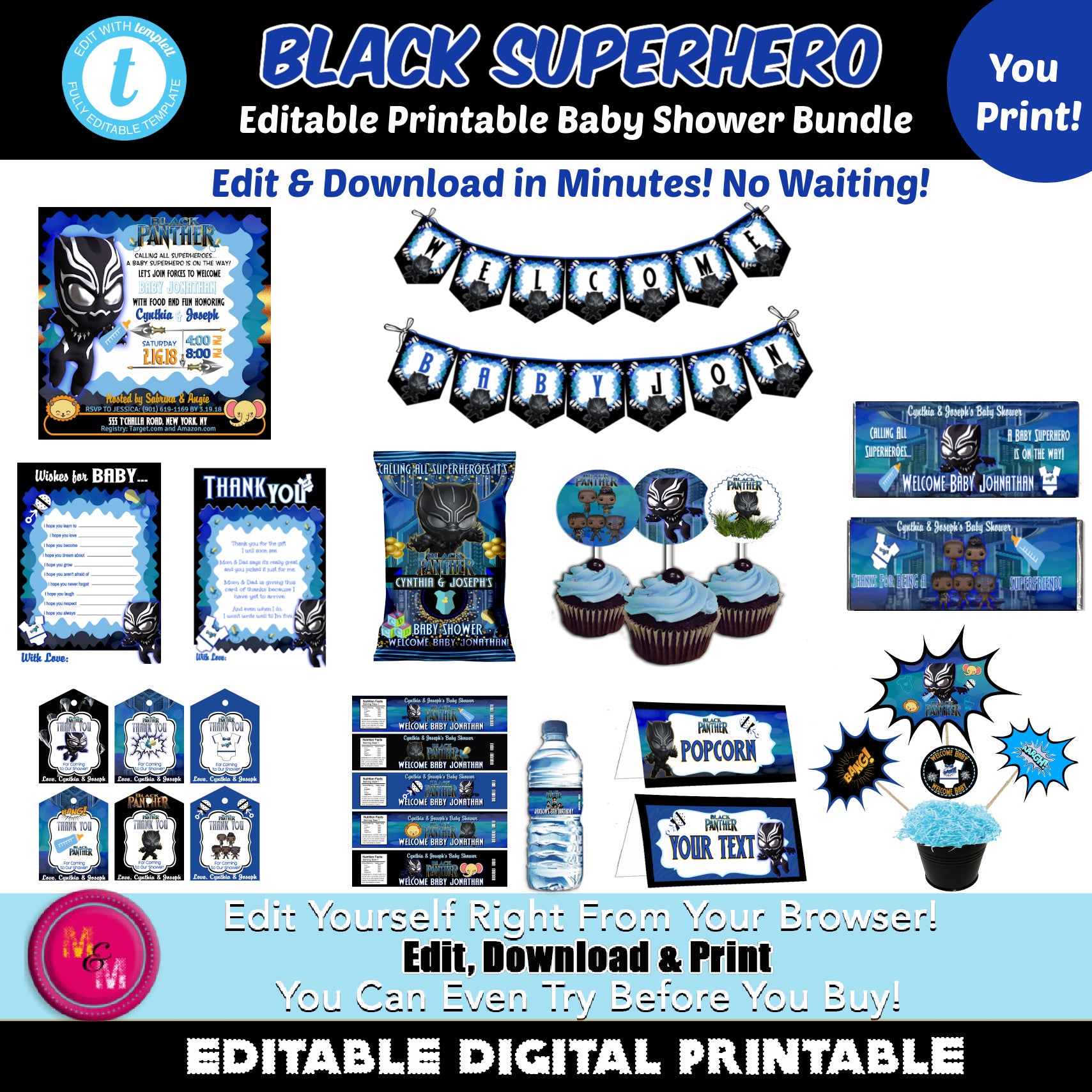 Editable Black Superhero Baby  Shower Printable Bundle 5, Black Superhero Baby Shower Kit, Black Superhero Baby Shower Invitation Set, DIY Print