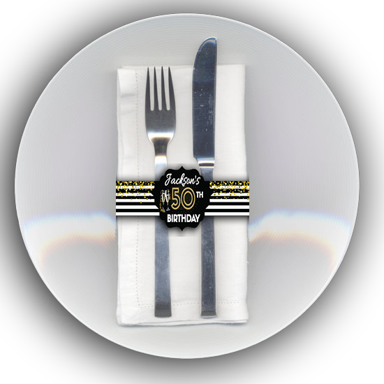 Editable Black, White and Gold Birthday Party Napkin Holder Labels, Black, White & Gold Birthday Party Napkin Rings,  Black and White Party - mugandmousedesigns