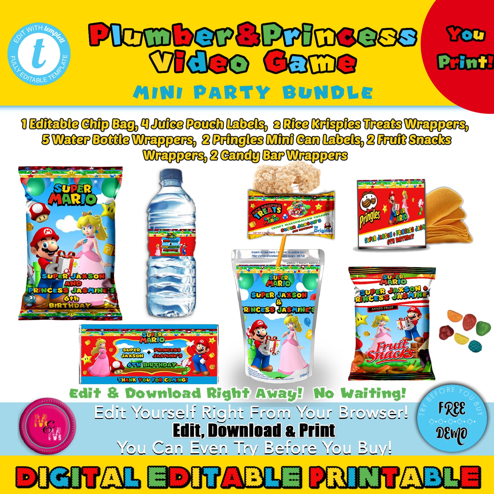 Editable Plumber Video Game Printables Mini Bundle, Plumber Video Game & Princess Chip Bag Set