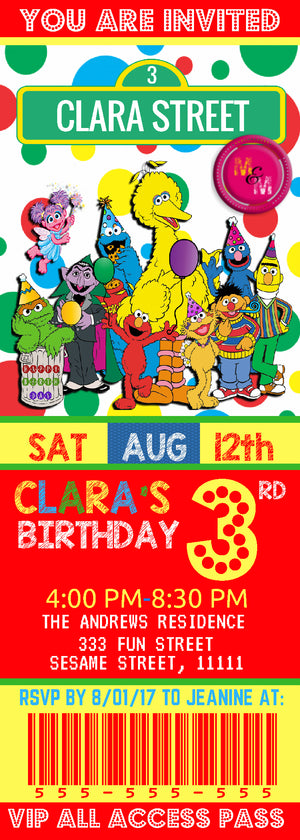 Editable Sesame Street Birthday Party Ticket Invitation Printable, Sesame Street Ticket Invitation,  Sesame Street Party, Elmo, Big Bird - mugandmousedesigns