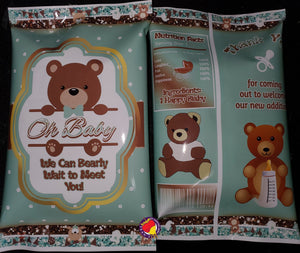 Editable Mint Green & Brown Teddy Bear Baby Shower Set, We Can Bearly Wait Party Favors Set, Teddy Bear Baby Shower Chip Bar Set
