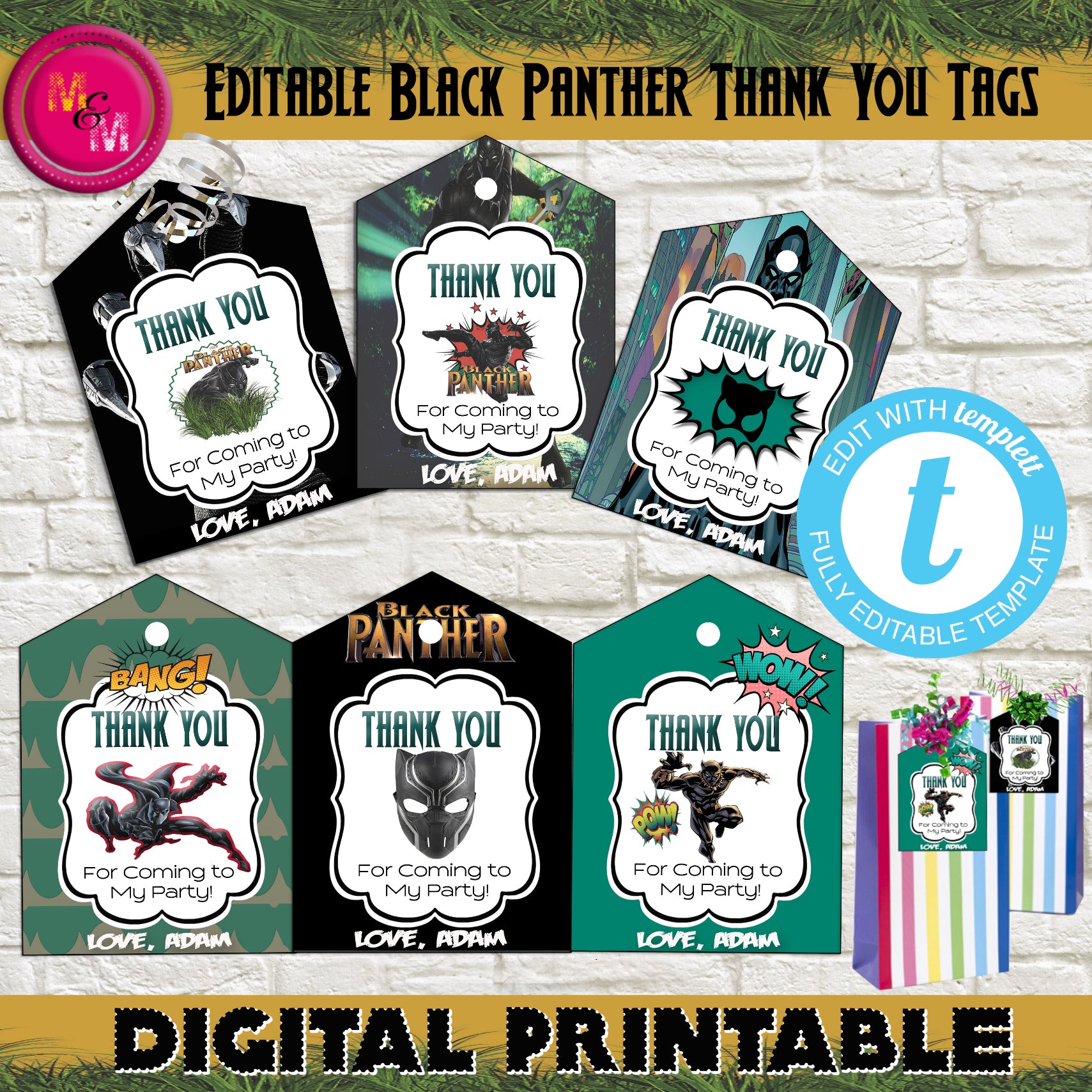 Editable Black Panther Party Thank You Favor Tags, Printable, Editable Gift Tag, Superhero Thank You Tag , DIY Favor Tags - mugandmousedesigns