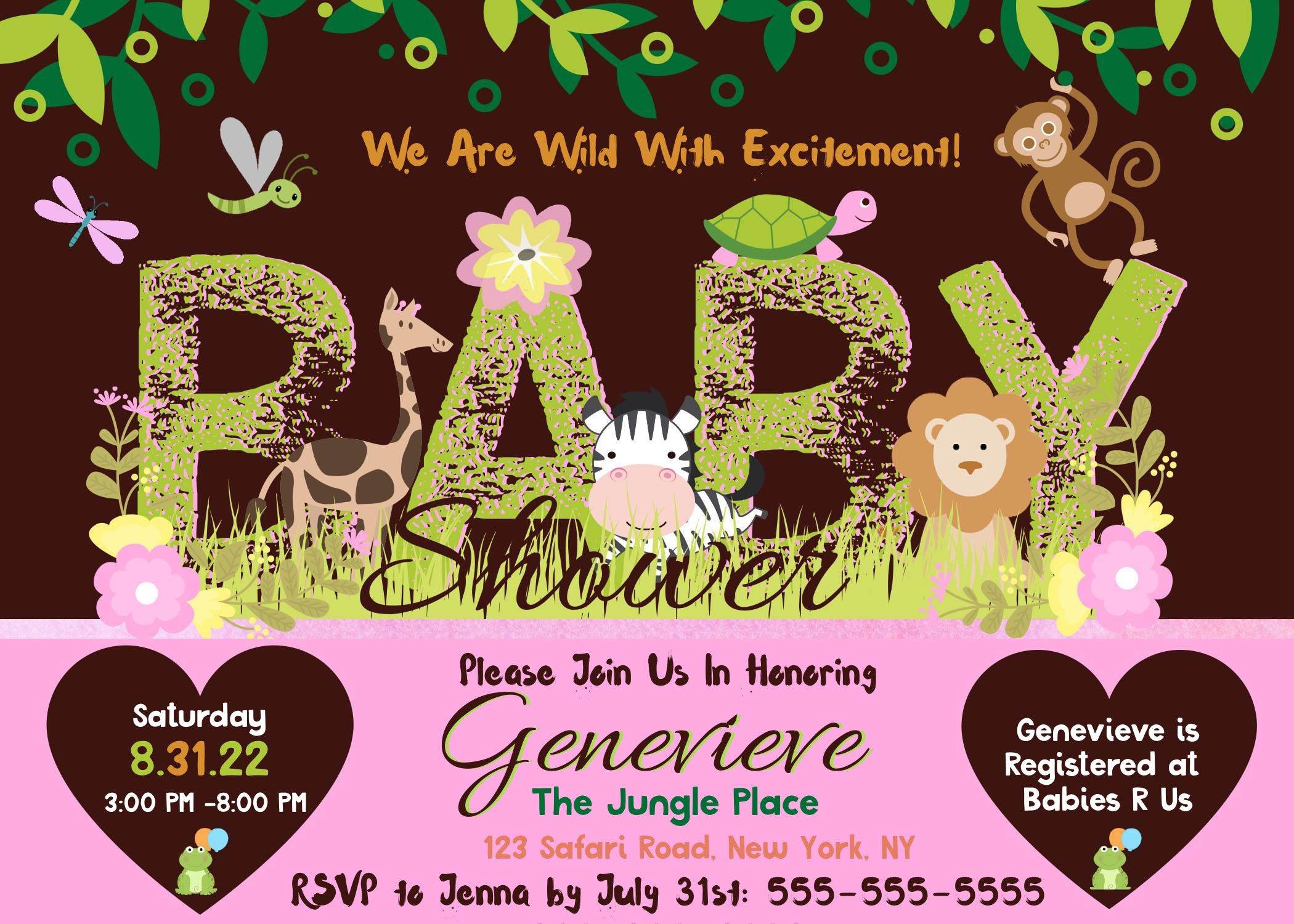 Safari Jungle Baby Shower Pink Invitation Printable, Safari Invite, Safari Baby Shower Invitation, Safari Baby Shower