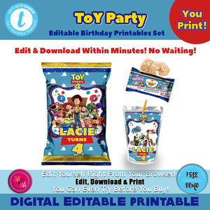 Editable Toy Party Chip Bag Set, Toy Party Capri Sun Labels, Toy Party Rice Treats Wrappers, DIY Toy Party Party