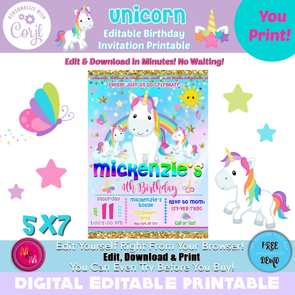 Editable Unicorn Invitation – Mug+Mouse Designs