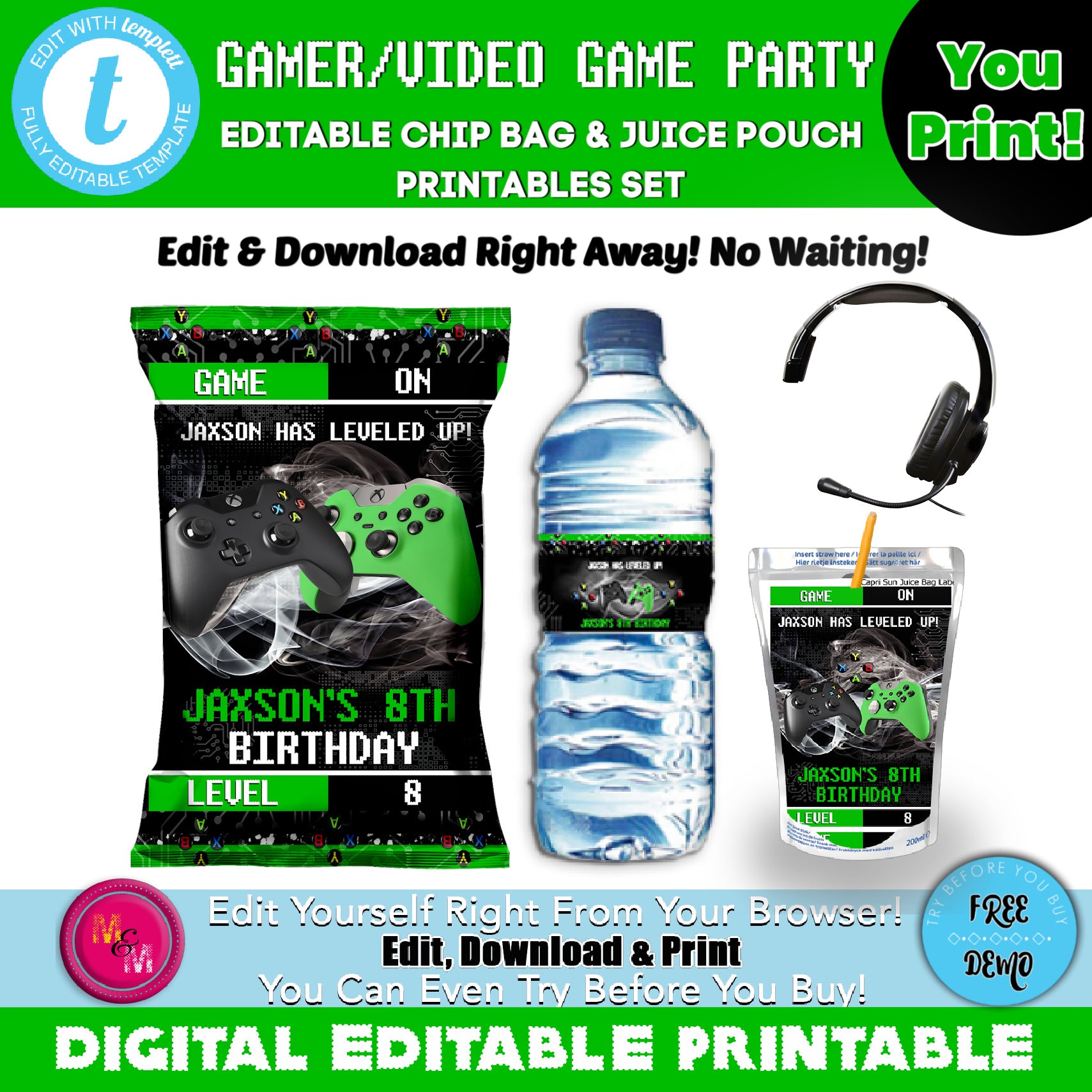 Editable Gamer Chip & Juice Pouch Set, Xbox Chip Bag, Video Game Party, Gamer Water Bottle Wrappers
