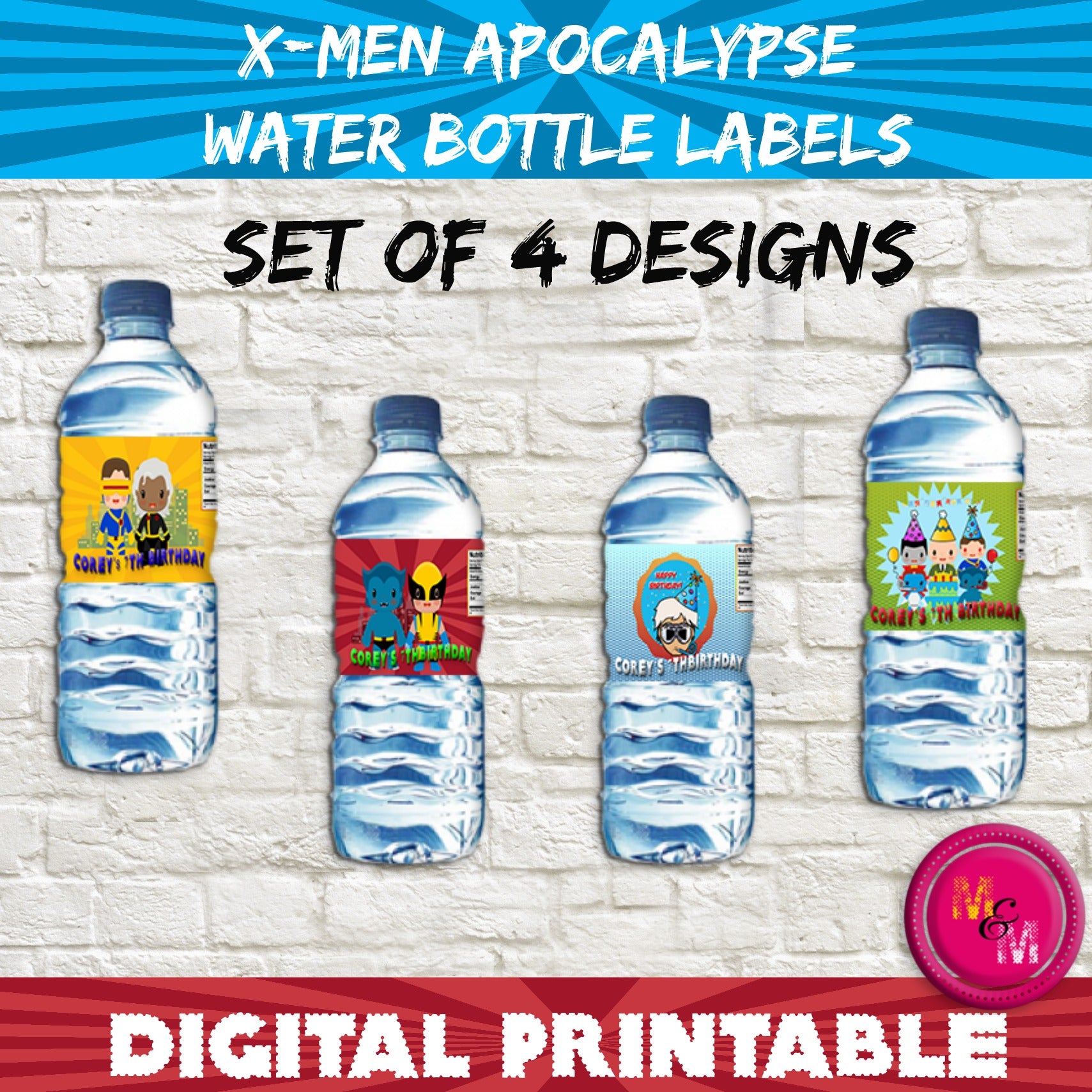 X-Men  Personalized  Water Bottle Labels Printable-Set of 4 -Instant Download 6.5"x 2.5", Superhero Party
