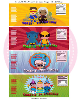 X-Men  Personalized  Water Bottle Labels Printable-Set of 4 -Instant Download 6.5"x 2.5", Superhero Party