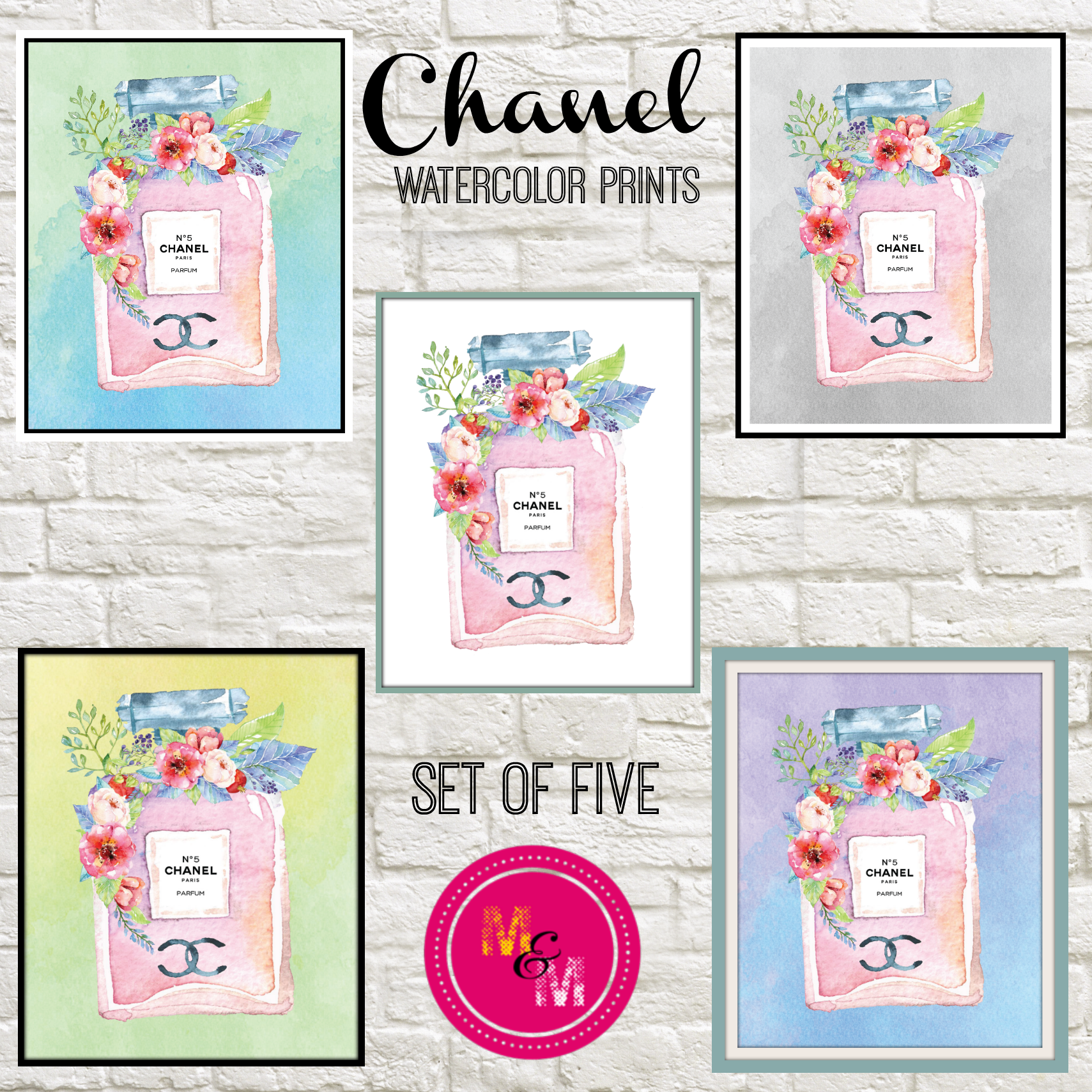 Instant Download-Chanel No 5 Perfume Bottle Watercolor Flowers Fashion Wall Prints - mugandmousedesigns