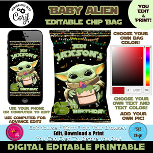 Editable Baby Alien Chip Bag, Mandalorian Chip Bag, Baby Alien Party Favors