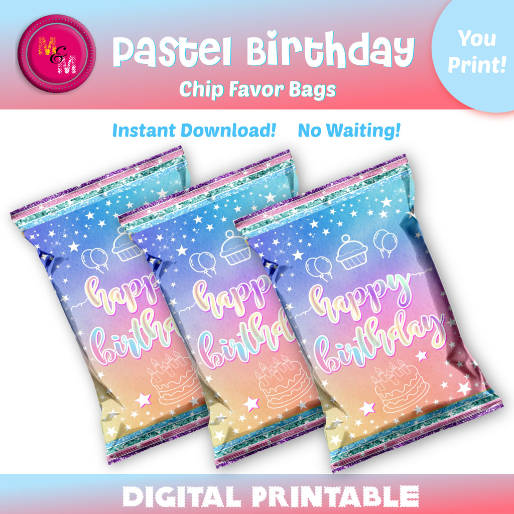 Instant Download Pastel Birthday Party Chip Bag, Pastel Stars Chip Bag