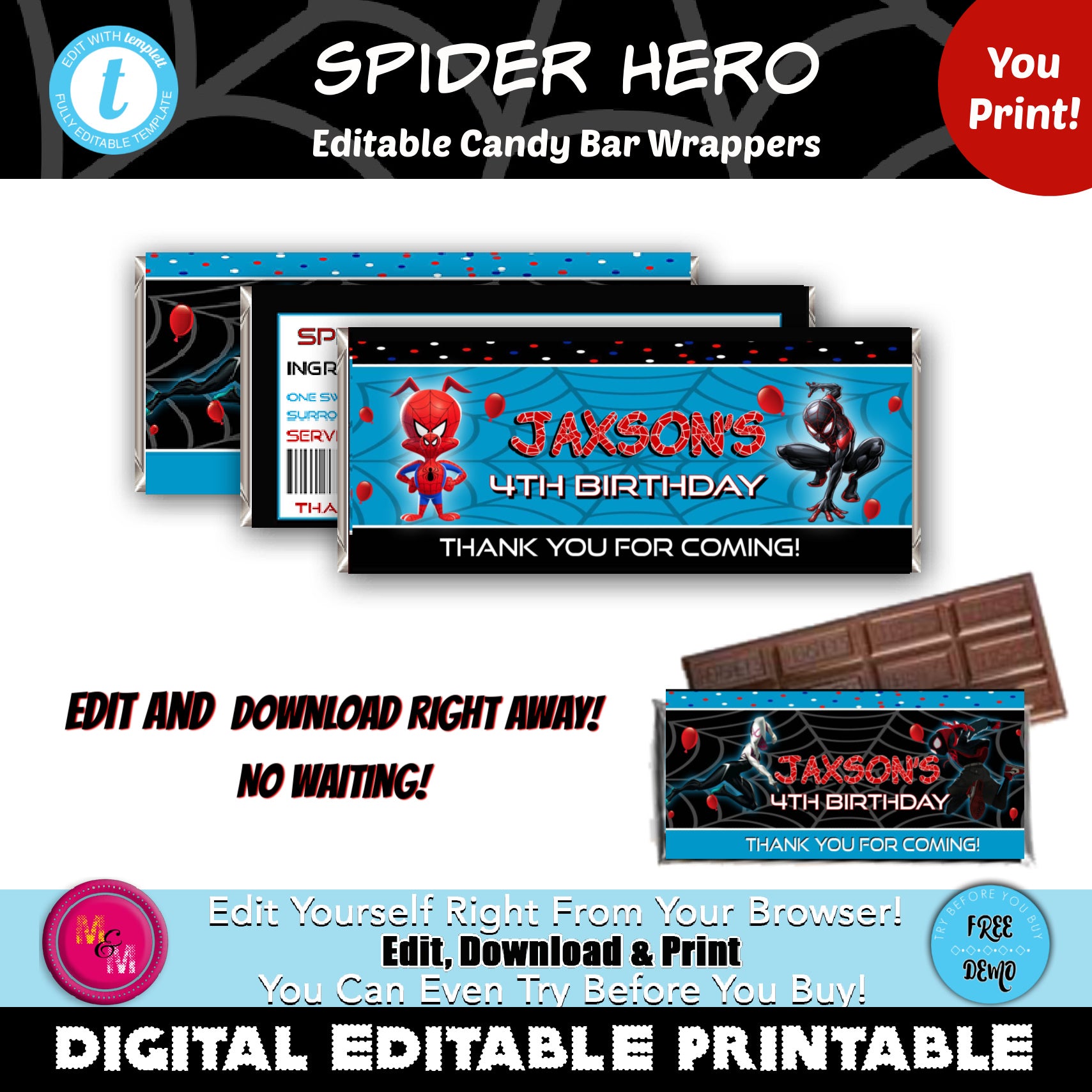 Editable Spider Hero Candy Bar Wrappers Printable, Spiderman