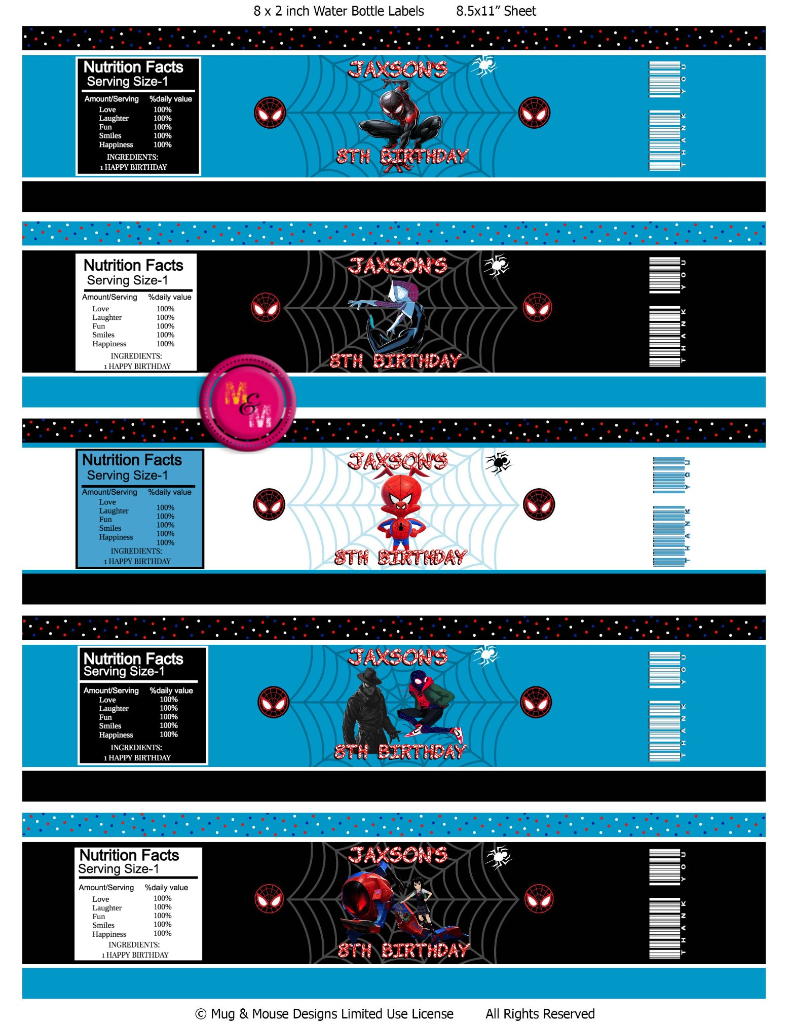 Editable Into the Spider-Verse Water Bottle Labels, Spider-Verse Water Bottle Wrappers, Spiderman Party, Miles Morales, Spider-Verse Movie - mugandmousedesigns