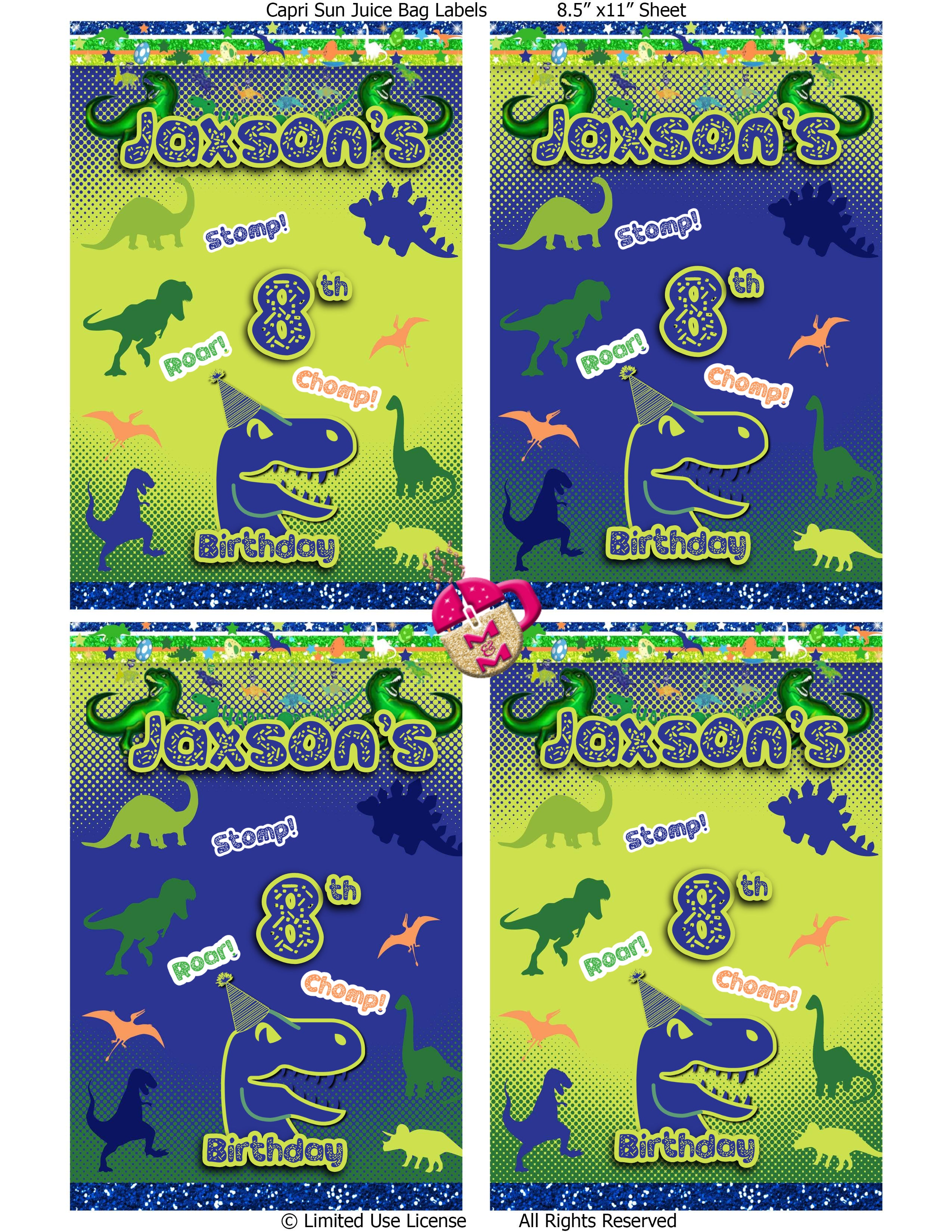 Cute Blue & Green Dinosaur Chip Bag & Juice Pouch Set, Dinosaur Birthday Party Favors