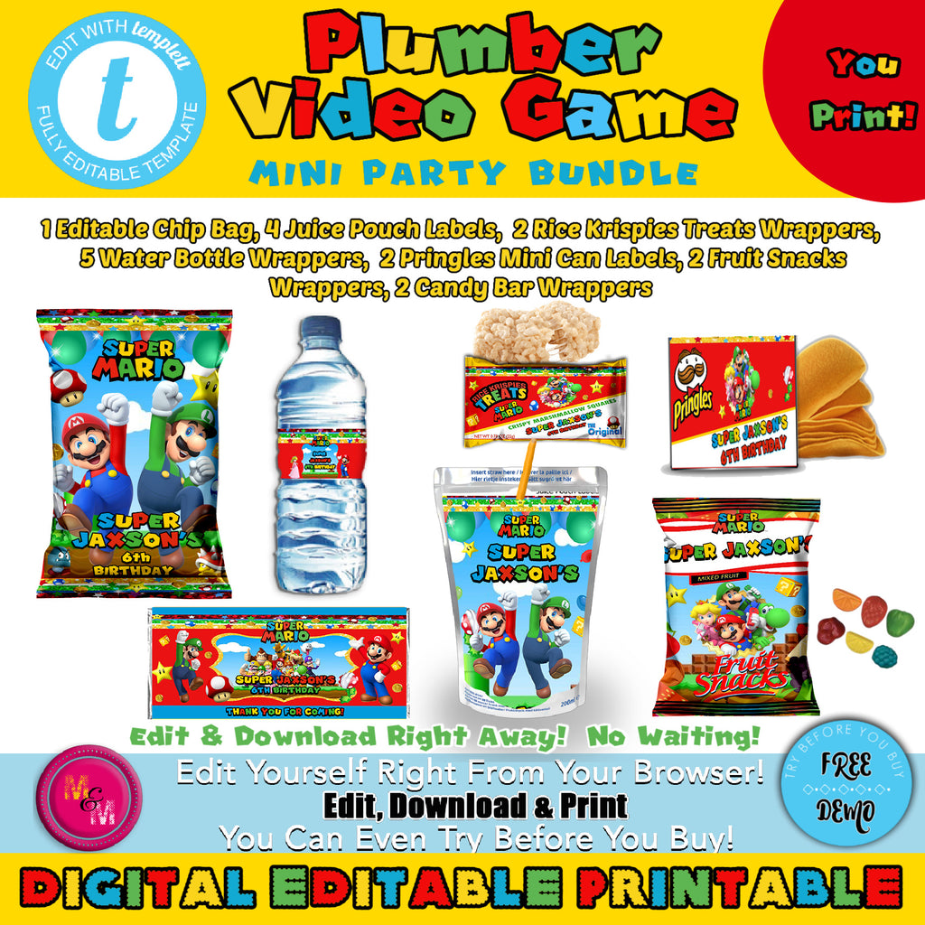 Editable Plumber Video Game Printables Mini Bundle, Plumber Video Game Chip Bag Set, Video Game Party