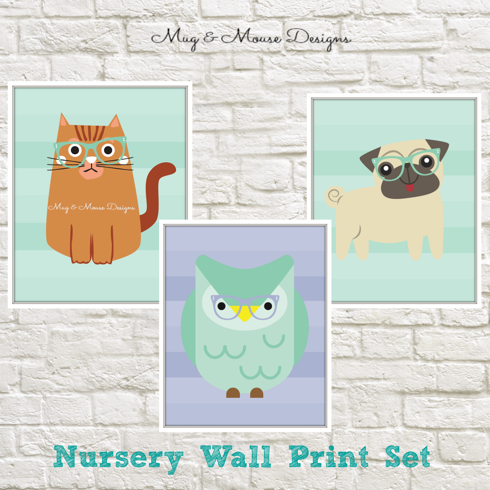 Instant Download-Hipster Cute Animal Set Owl, Dog, Cat Wall Print Set, Print at Home, Nursery wall decor, #Hipsterdog, #hipstercat AD3351 - mugandmousedesigns