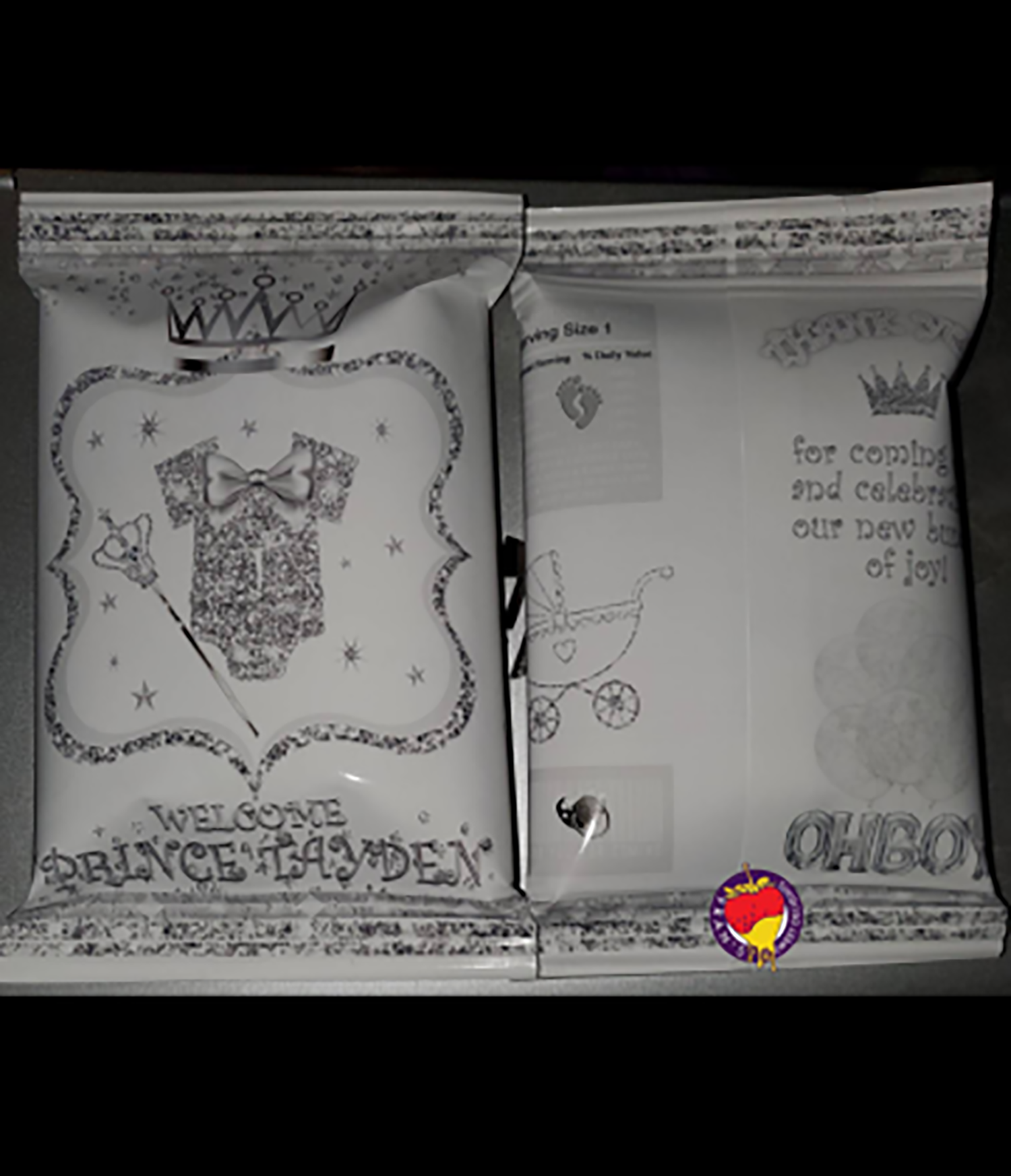 Editable Silver & White Royal Prince Baby Shower Chip Bag & Juice Pouch Set, Baby Prince Party Favors